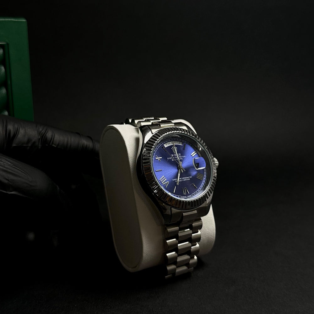 Rolex Day-Date For Him – Blue Sunburst Dial & Fluted Bezel