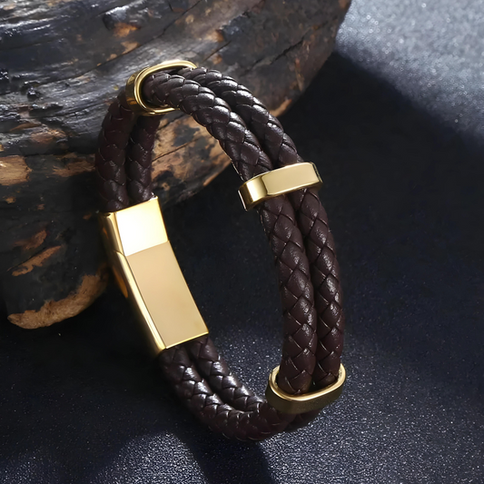 Brown Leather Bracelet with Gold Accents