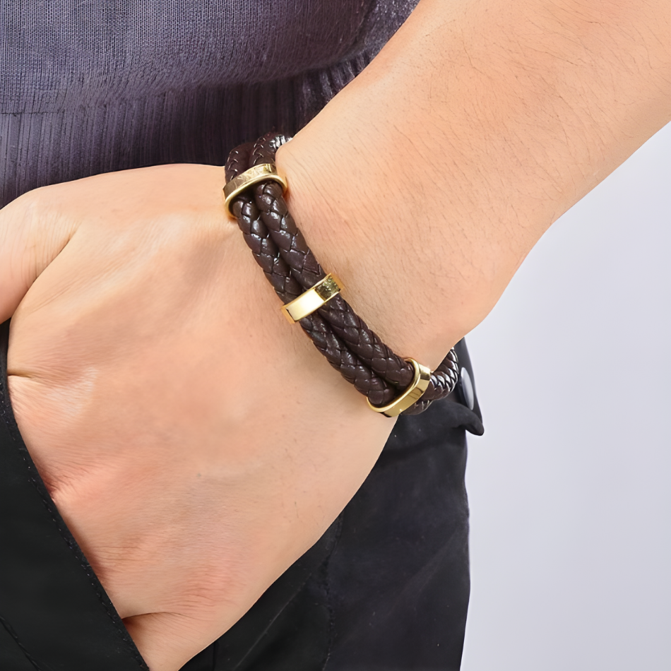 Brown Leather Bracelet with Gold Accents