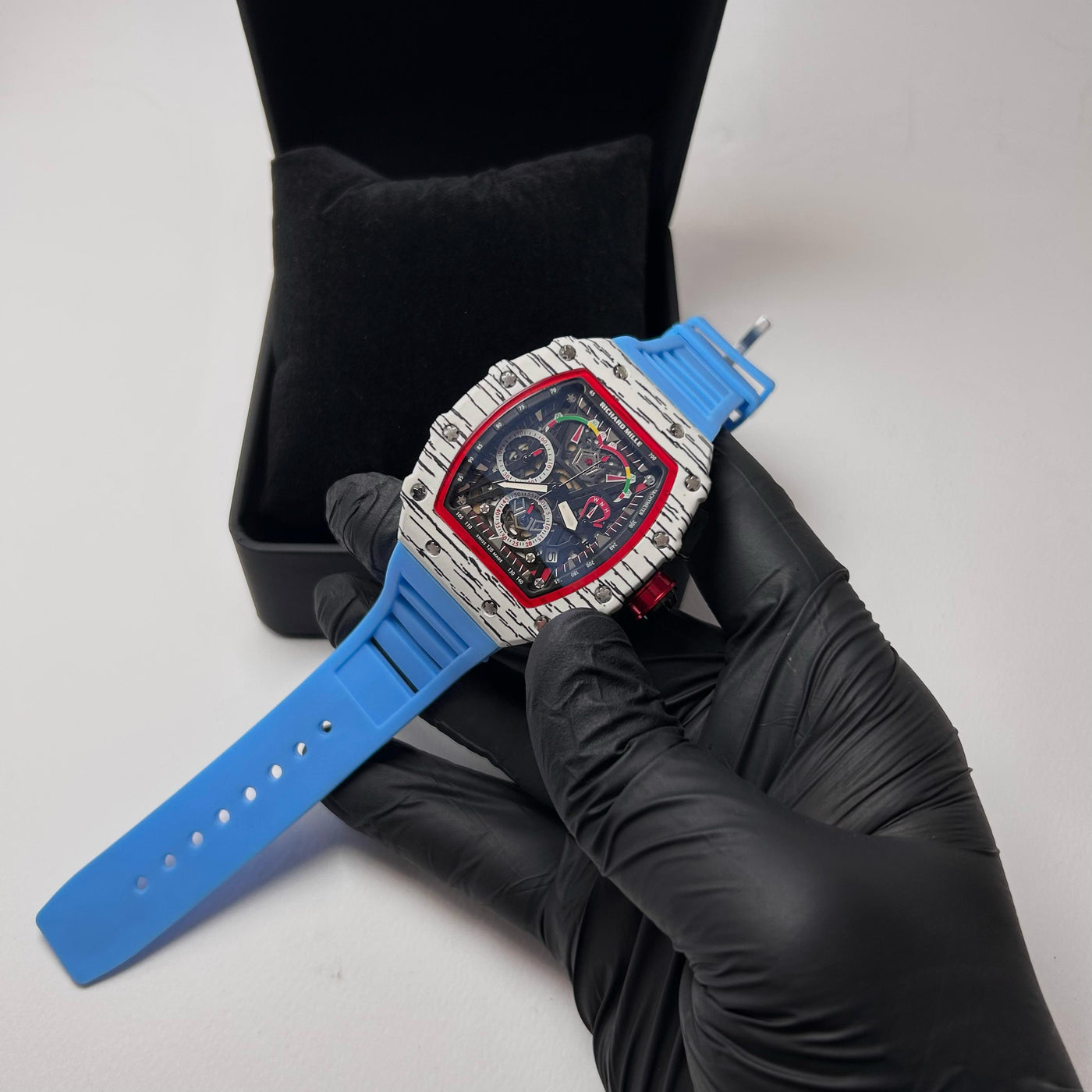Richard Mille Racing Homage for Him – Marble White Case with Baby Blue Strap
