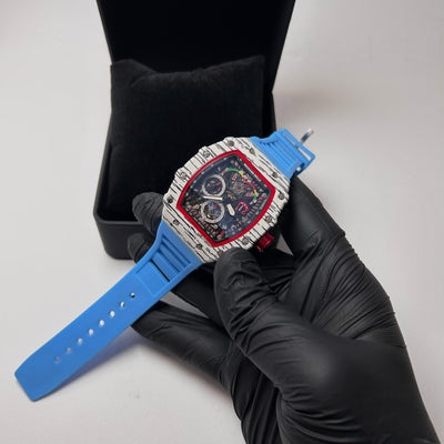 Richard Mille Racing Homage for Him – Marble White Case with Baby Blue Strap