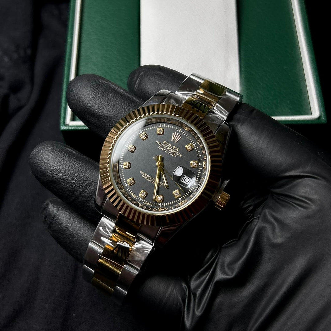 Rolex Date just Diamon Smooth Bezel For Him - Two Tone Black Dial