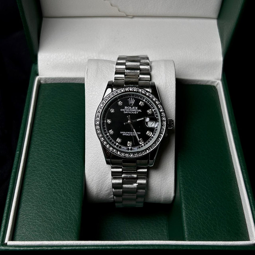 Rolex Full Diamond Date Just For Her - Silver Black