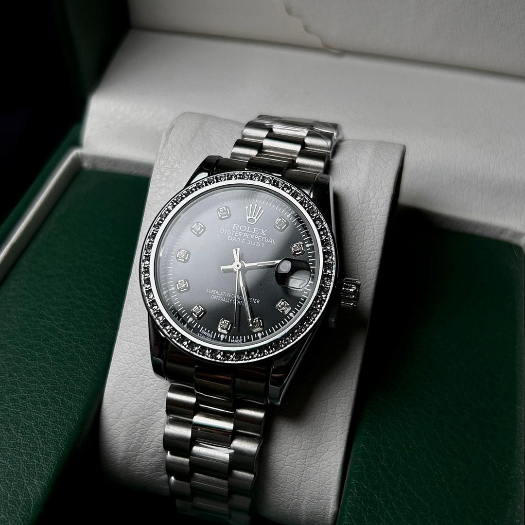 Rolex Full Diamond Date Just For Her - Silver Black