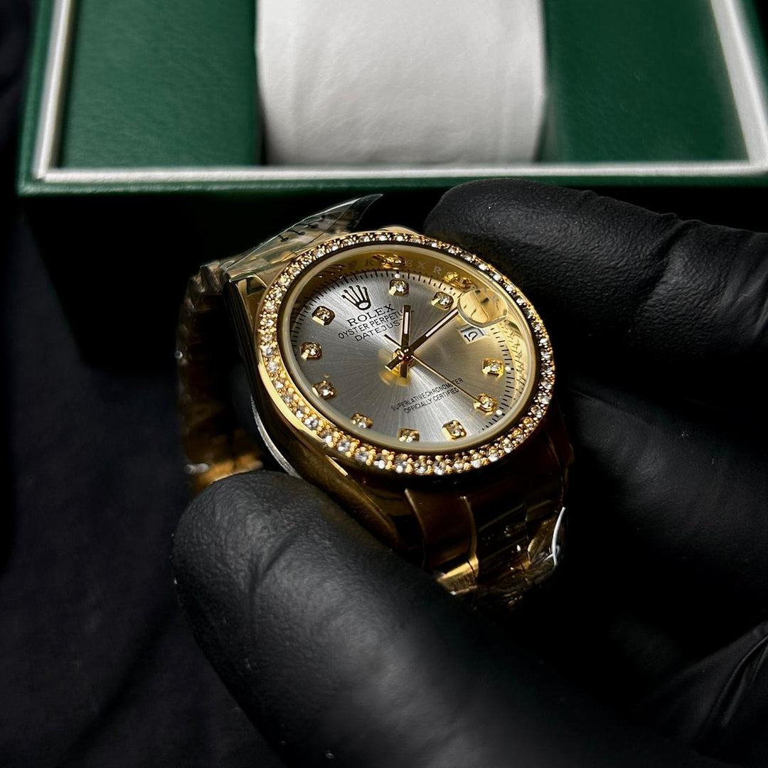 Rolex Full Diamond Date Just For Her - Golden Silver