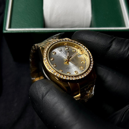 Rolex Full Diamond Date Just For Her - Golden Silver