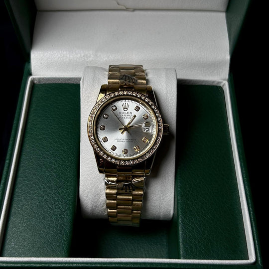Rolex Full Diamond Date Just For Her - Golden Silver