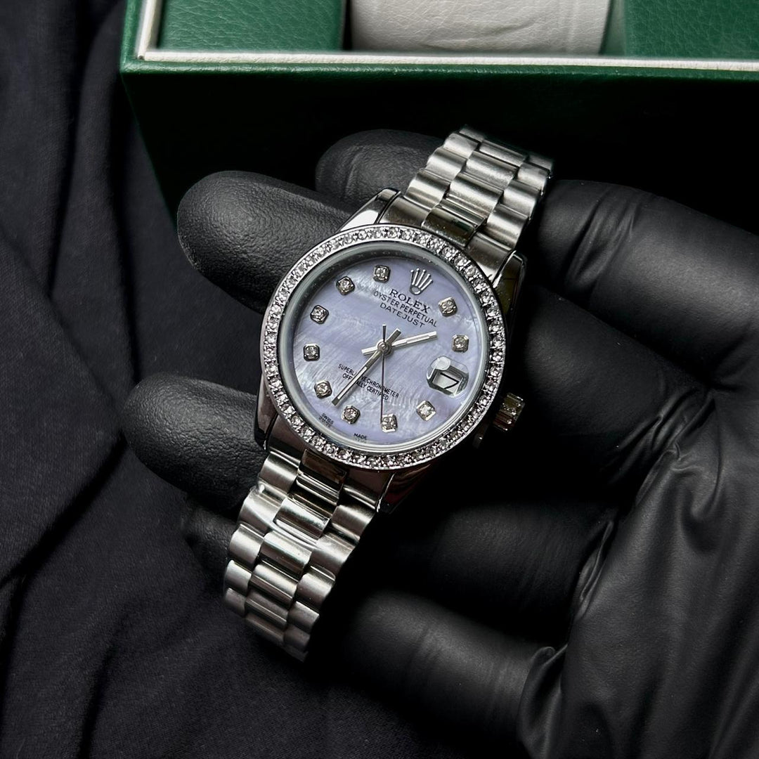 Rolex Full Diamond Date Just For Her - Silver Light Purple