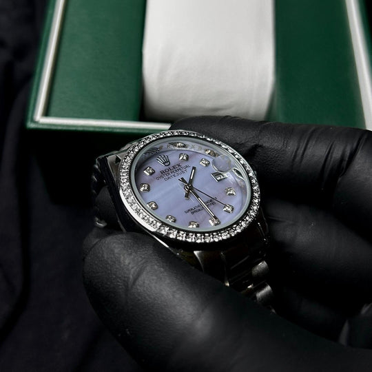 Rolex Full Diamond Date Just For Her - Silver Light Purple