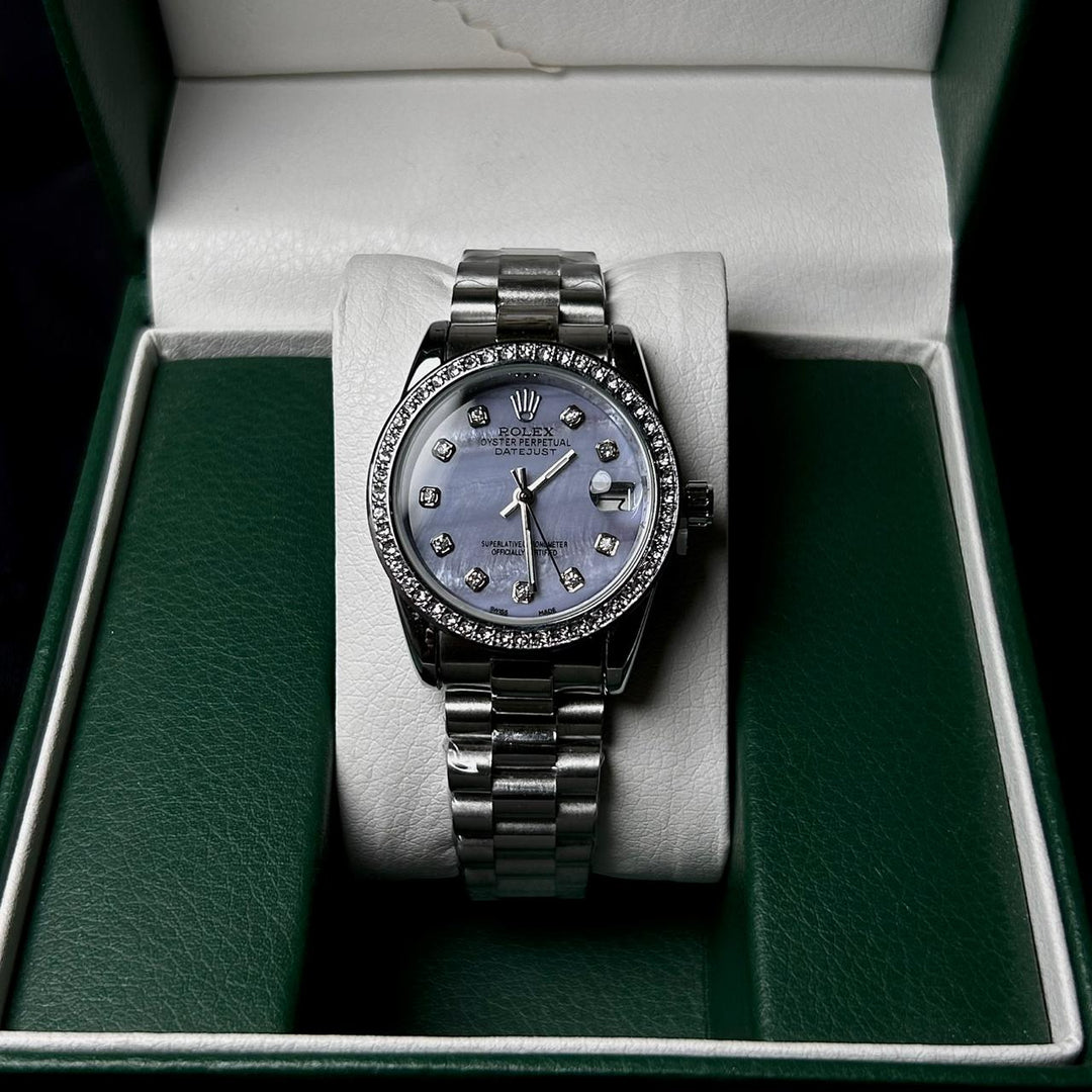 Rolex Full Diamond Date Just For Her - Silver Light Purple