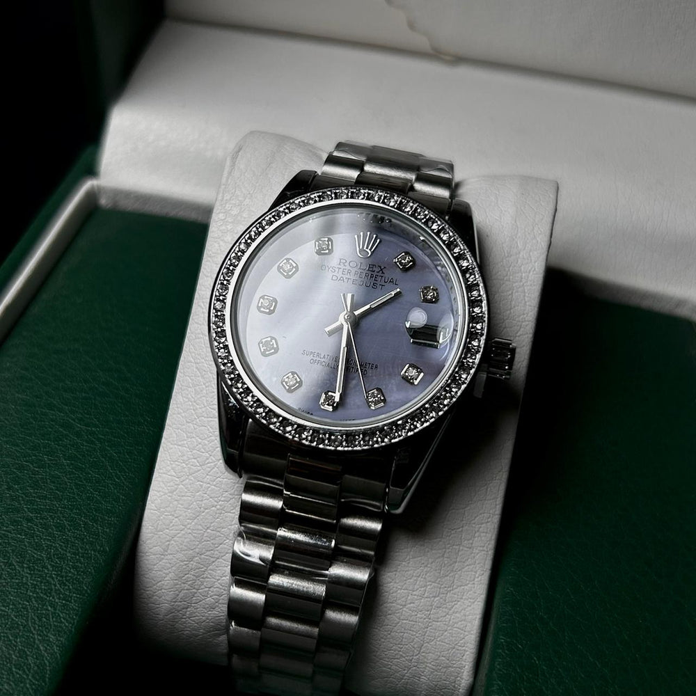 Rolex Full Diamond Date Just For Her - Silver Light Purple