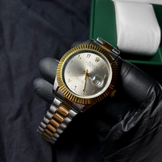 Rolex Date Just Arabic Style For Him - Two Tone Silver Dial