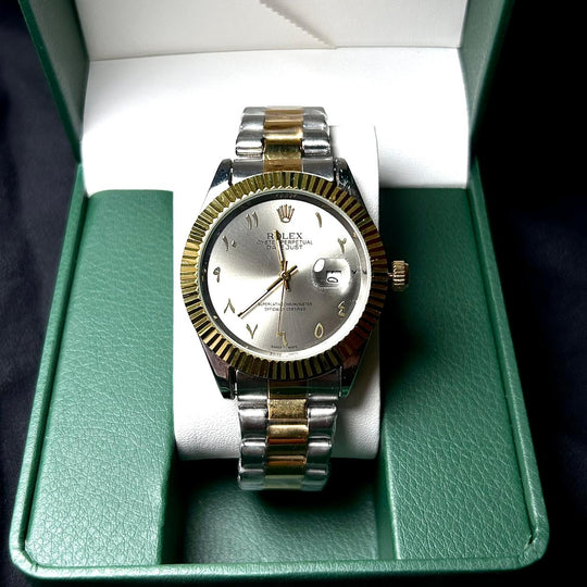 Rolex Date Just Arabic Style For Him - Two Tone Silver Dial