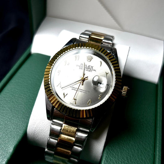 Rolex Date Just Arabic Style For Him - Two Tone Silver Dial