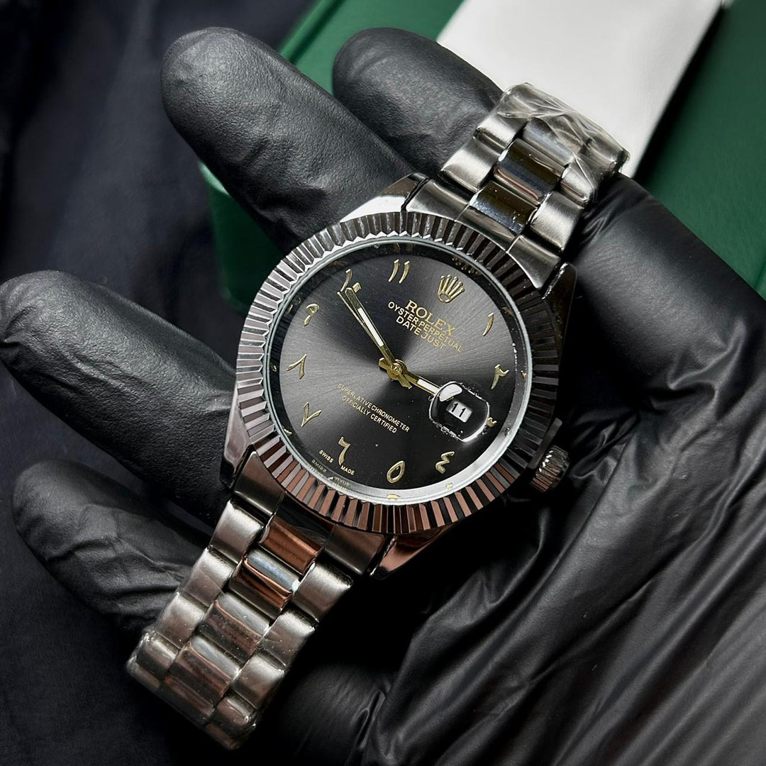 Rolex Date Just Arabic Style For Him - Silver Golden Black Dial