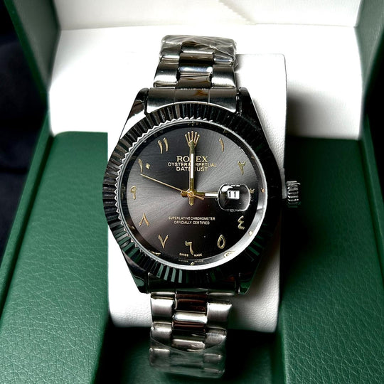 Rolex Date Just Arabic Style For Him - Silver Golden Black Dial