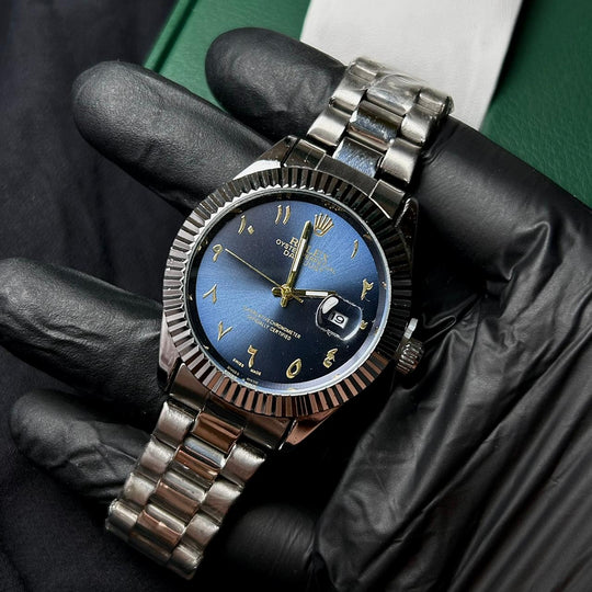 Rolex Date Just Arabic Style For Him - Silver Golden Blue Dial