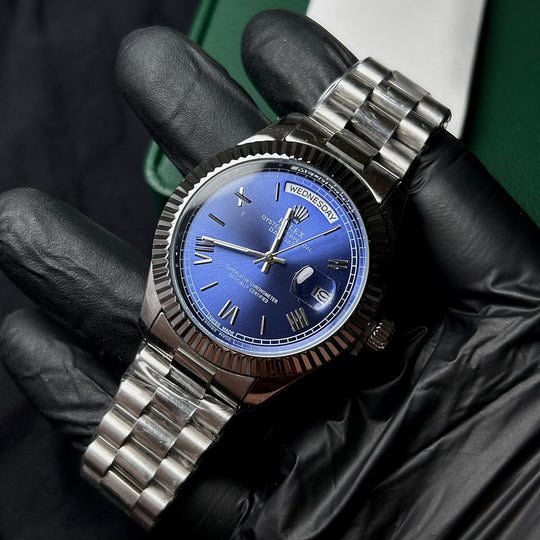Rolex Day Date Roman Style For Him - Silver Golden Blue Dial