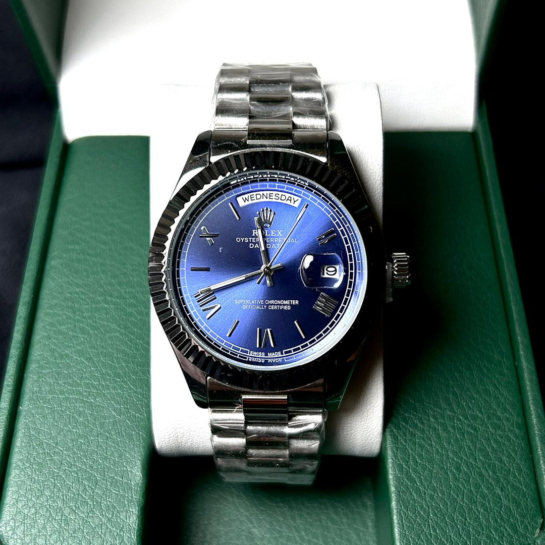 Rolex Day Date Roman Style For Him - Silver Golden Blue Dial