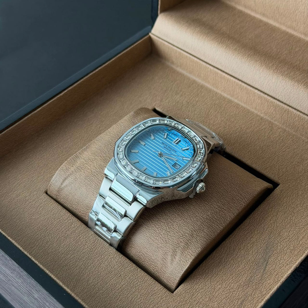 Patek Philippe Nautilus Style – Silver Ice Blue Diamond Bezel