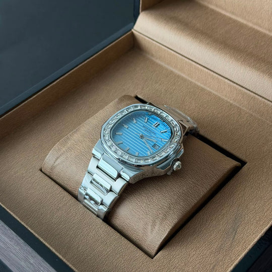 Patek Philippe Nautilus Style – Silver Ice Blue Diamond Bezel