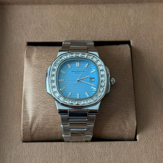 Patek Philippe Nautilus Style – Silver Ice Blue Diamond Bezel