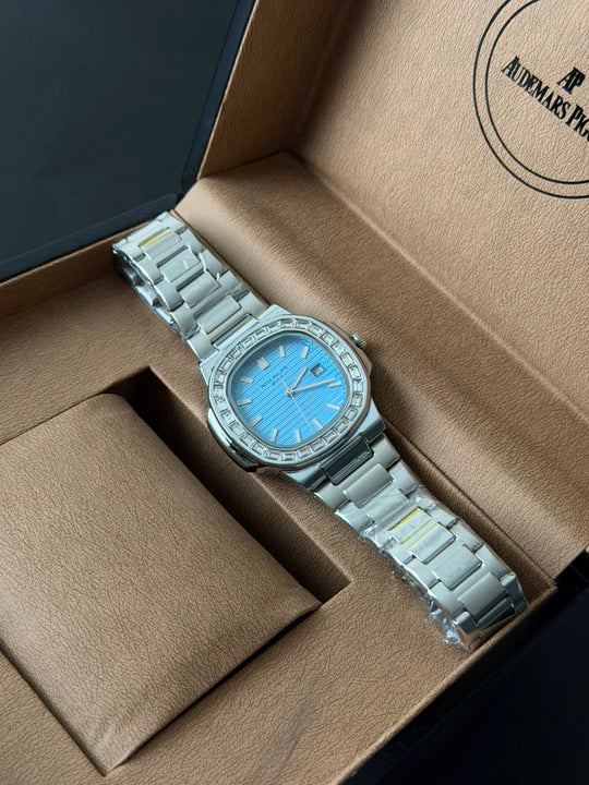 Patek Philippe Nautilus Style – Silver Ice Blue Diamond Bezel