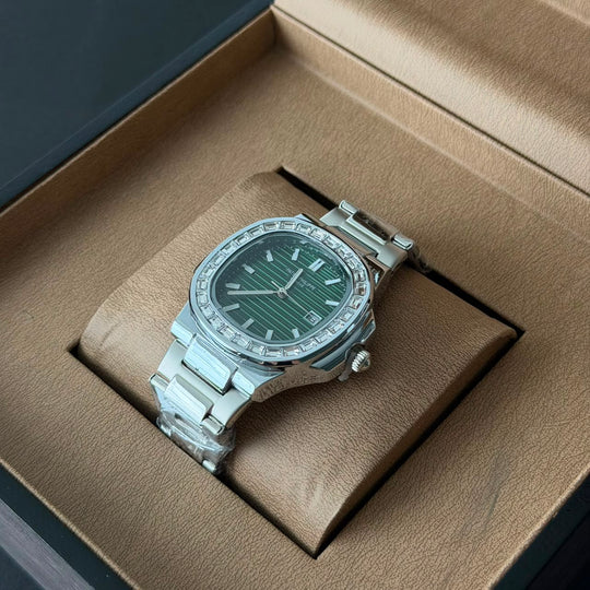 Patek Philippe Nautilus Style – Silver Green Dial Diamond Bezel