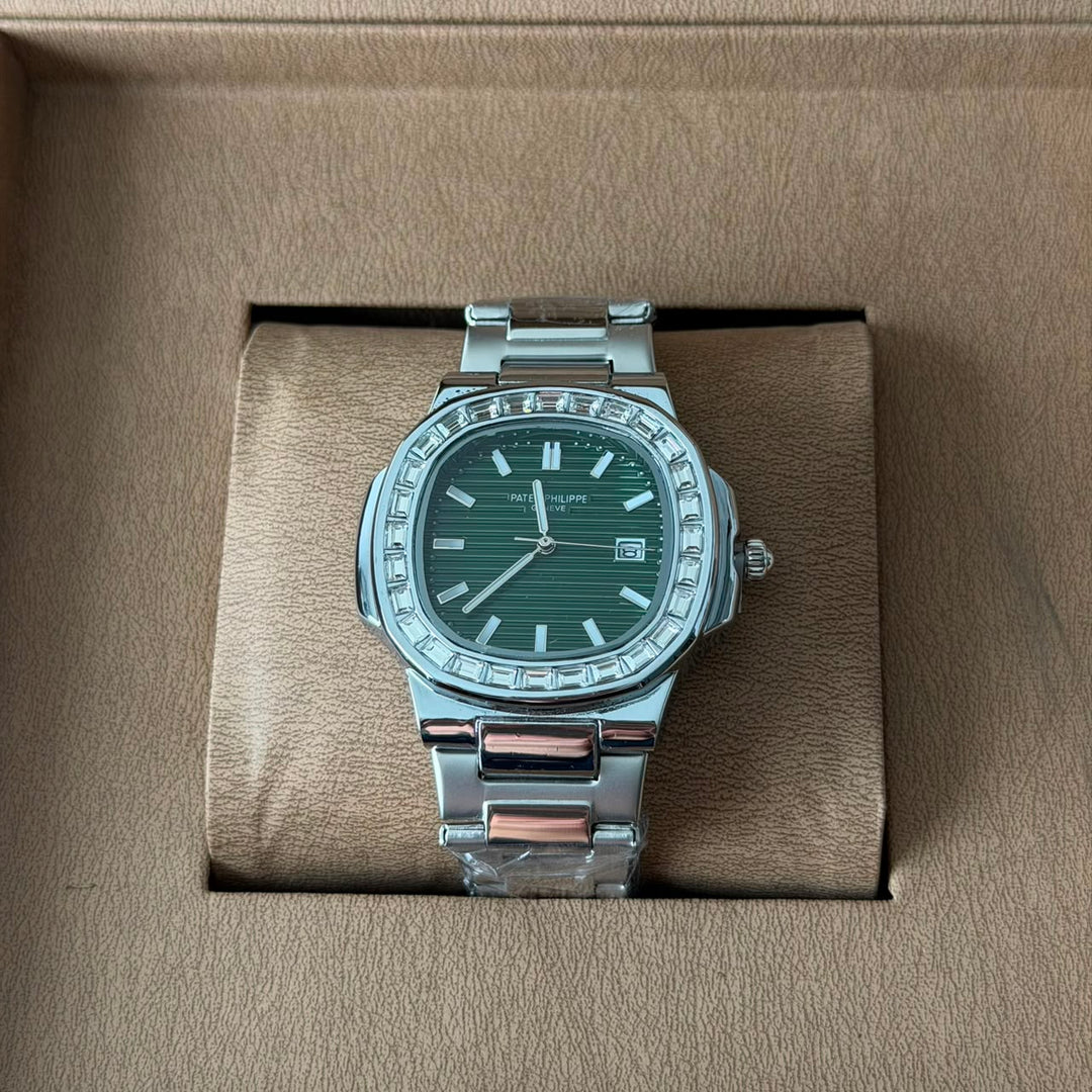 Patek Philippe Nautilus Style – Silver Green Dial Diamond Bezel