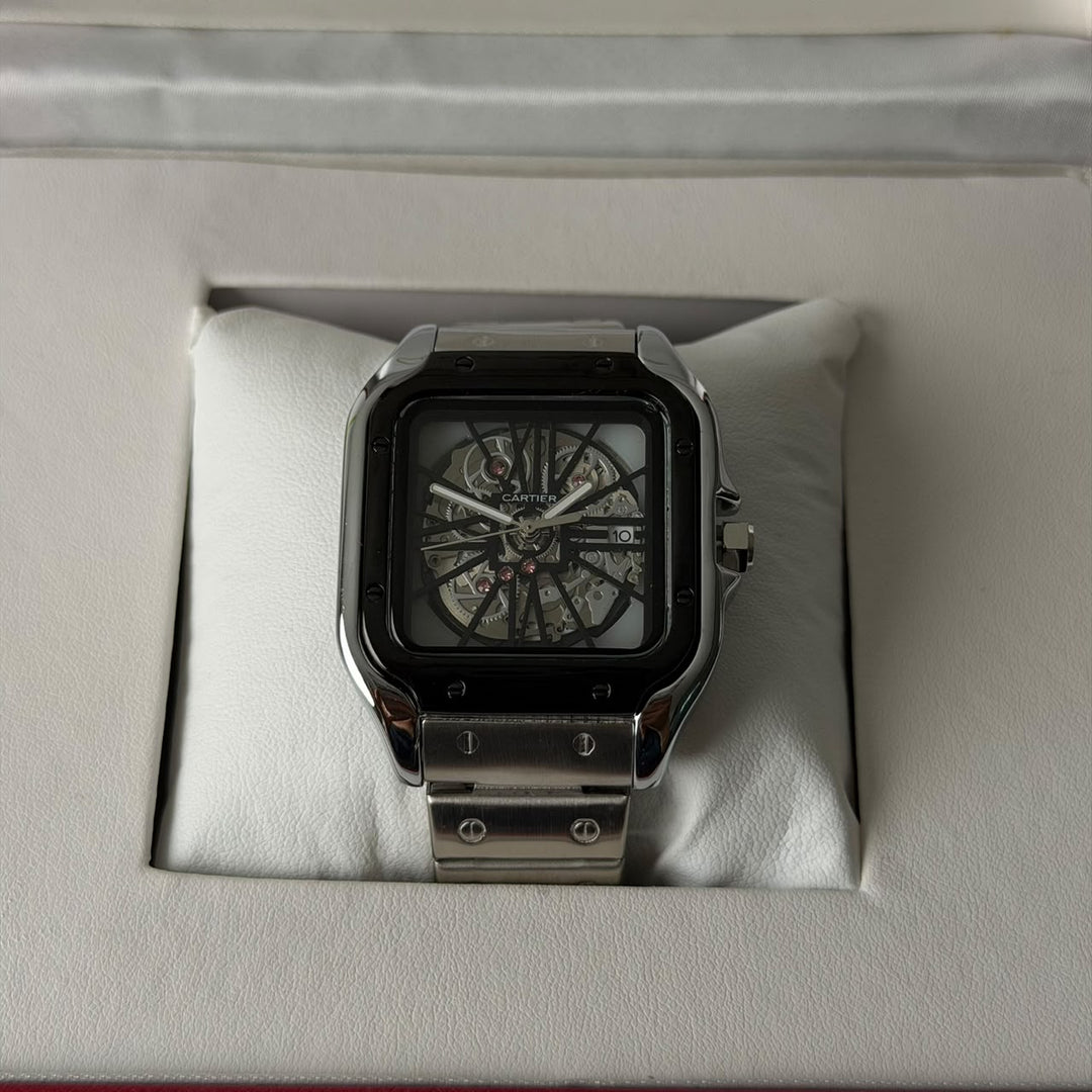 Cartier Santos Skeleton For Him - Silver Black Case And Dial - Giiz store