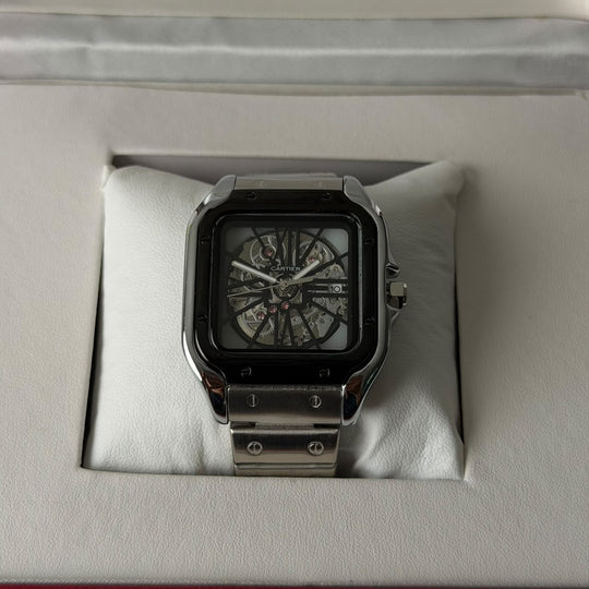 Cartier Santos Skeleton For Him - Silver Black Case And Dial - Giiz store
