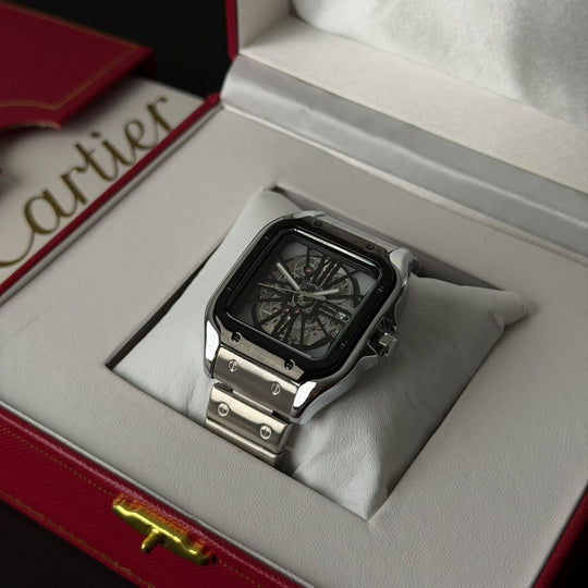 Cartier Santos Skeleton For Him - Silver Black Case And Dial - Giiz store