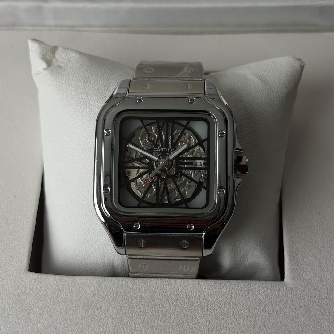 Cartier Santos Skeleton For Him - Silver Black Dial - Giiz store