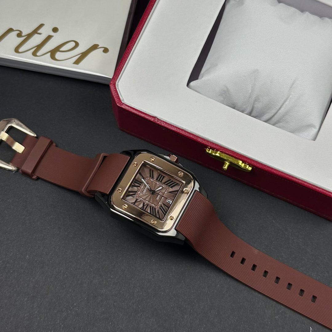Cartier Santos Tank Rubber For Him – Brown &amp; Rose Gold - Giiz store