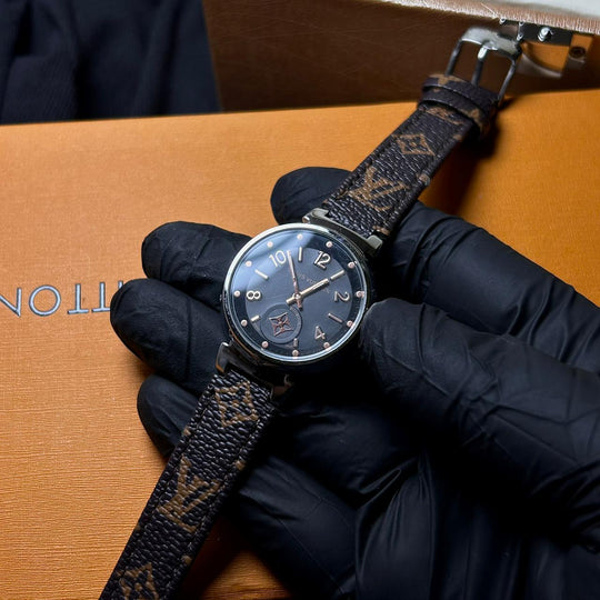 Louis Vuitton Tambour Monogram – Brown Leather Black Dial - Giiz store