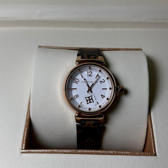 Louis Vuitton Tambour Monogram – Brown Leather White Dial - Giiz store