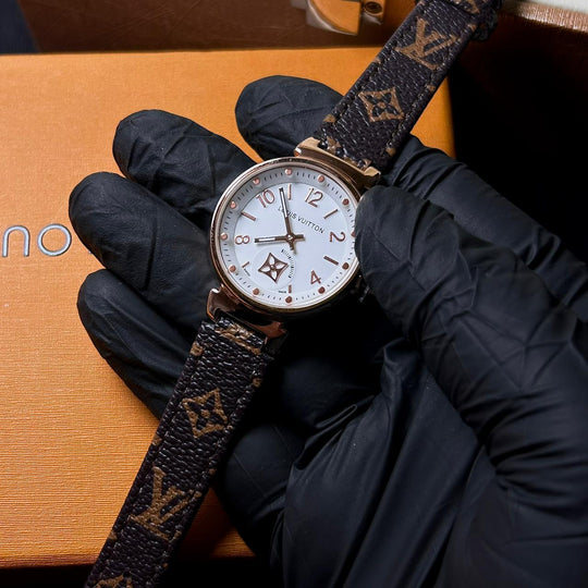 Louis Vuitton Tambour Monogram – Brown Leather White Dial - Giiz store