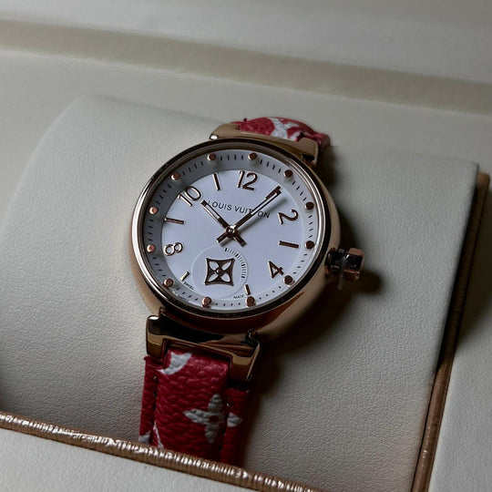 Louis Vuitton Tambour Monogram – Red Leather White Dial - Giiz store