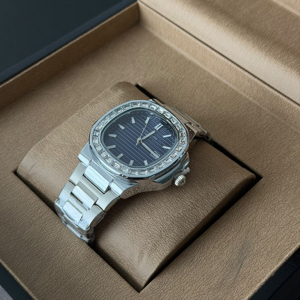 Patek Philippe Crystal Bezel Style – Silver Black Dial - Giiz store