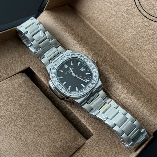 Patek Philippe Crystal Bezel Style – Silver Black Dial - Giiz store