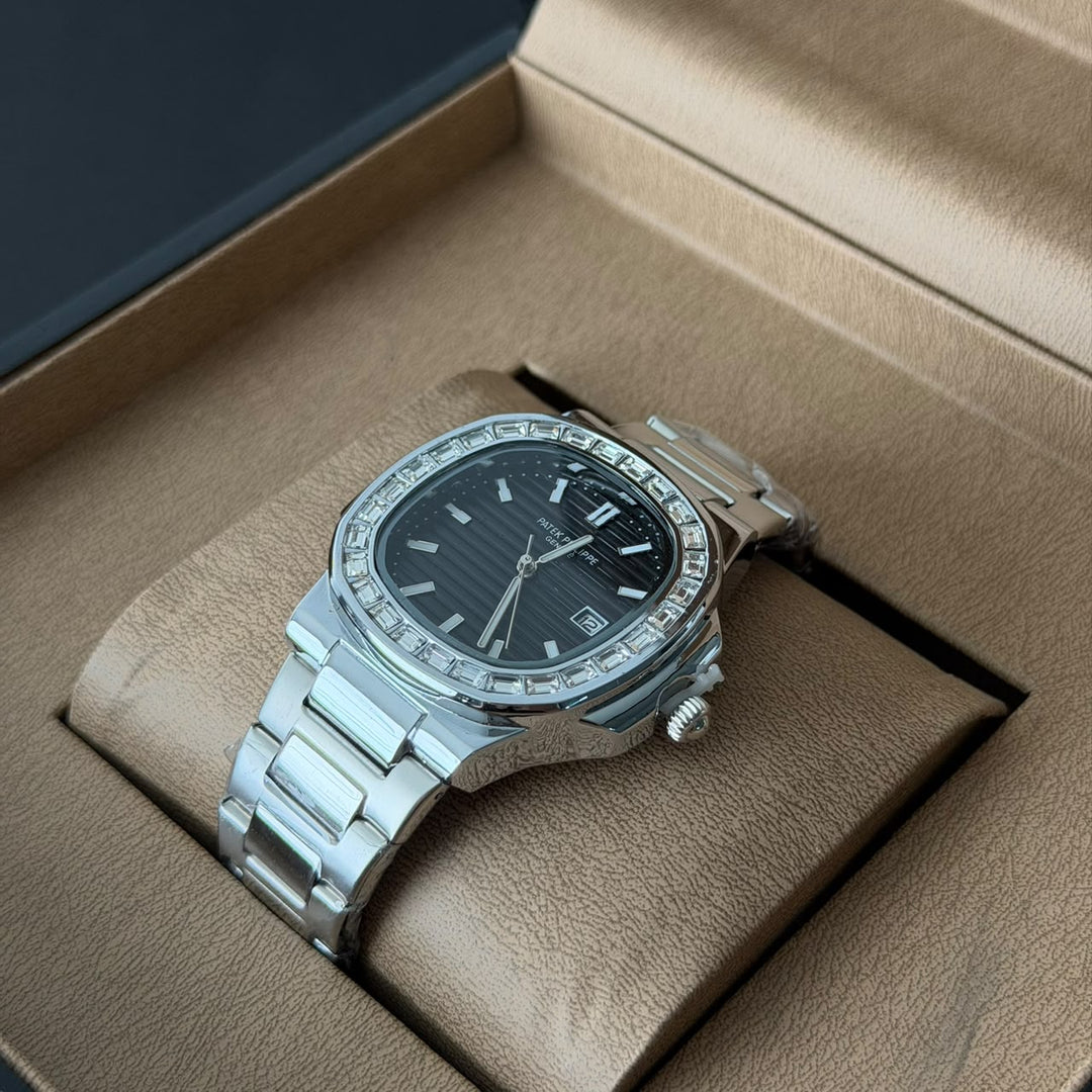 Patek Philippe Crystal Bezel Style – Silver Black Dial - Giiz store