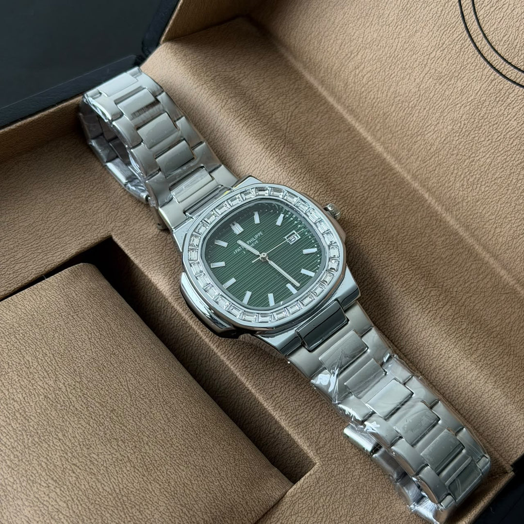 Patek Philippe Nautilus Style – Silver Green Dial Diamond Bezel - Giiz store