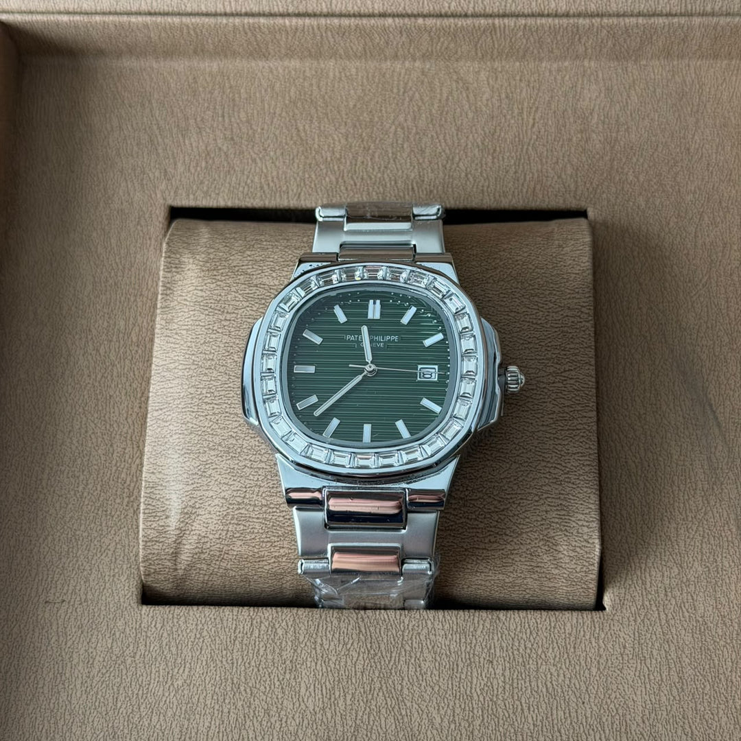 Patek Philippe Nautilus Style – Silver Green Dial Diamond Bezel - Giiz store