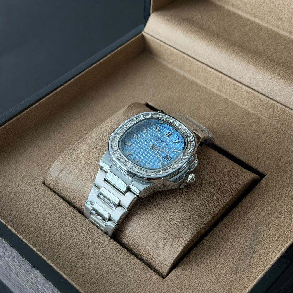 Patek Philippe Nautilus Style – Silver Ice Blue Diamond Bezel - Giiz store