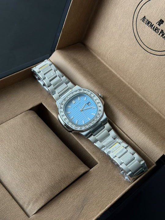 Patek Philippe Nautilus Style – Silver Ice Blue Diamond Bezel - Giiz store