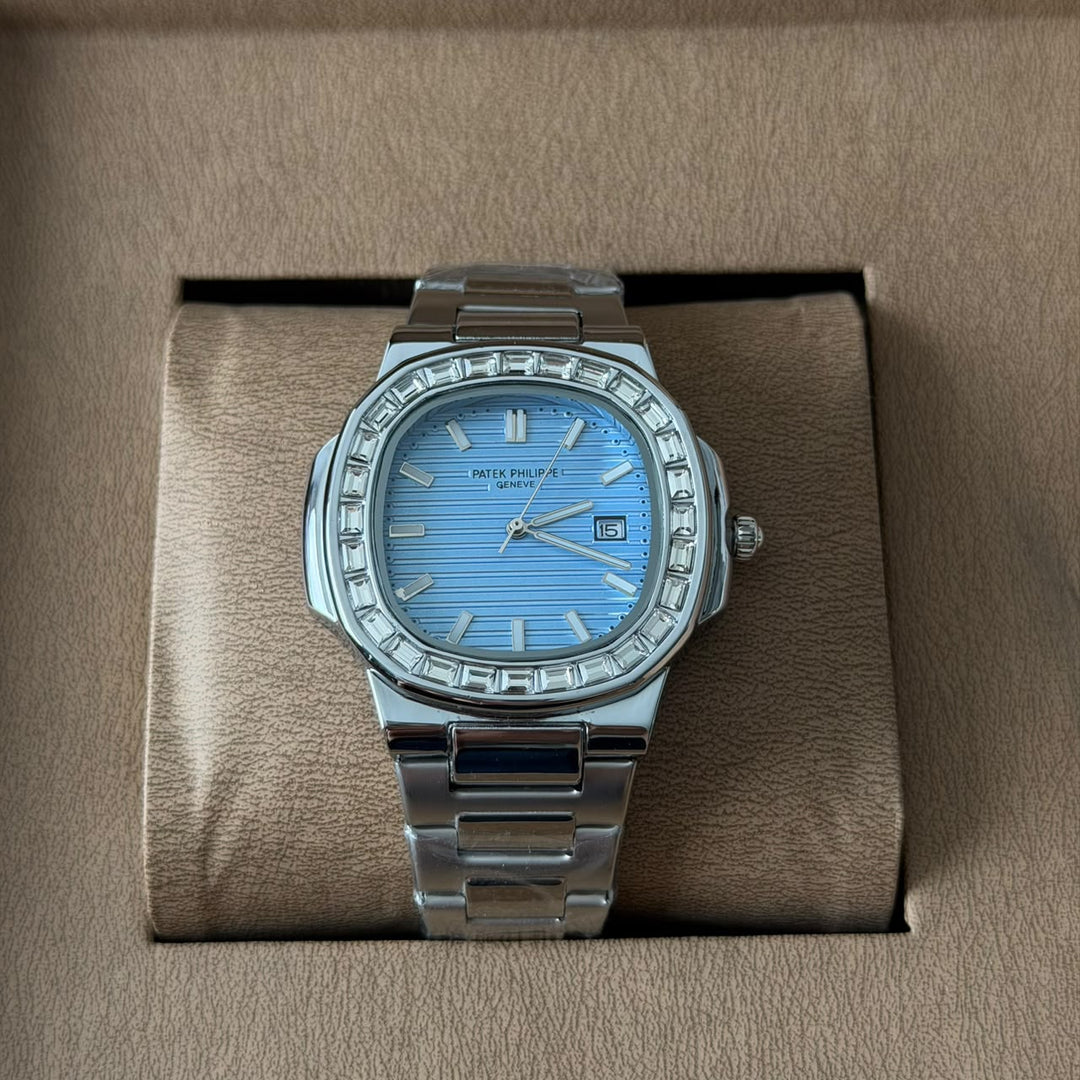 Patek Philippe Nautilus Style – Silver Ice Blue Diamond Bezel - Giiz store