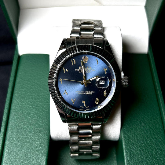 Rolex Date Just Arabic Style For Him - Silver Golden Blue Dial - Giiz store