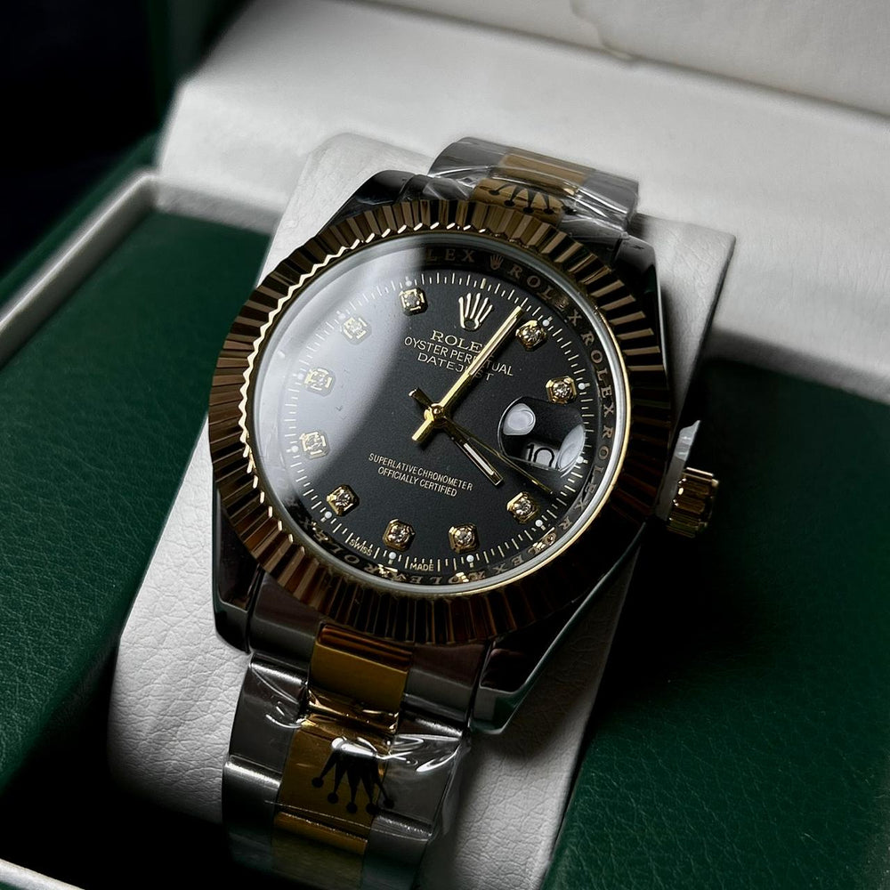 Rolex Date just Diamon Smooth Bezel For Him - Two Tone Black Dial - Giiz store