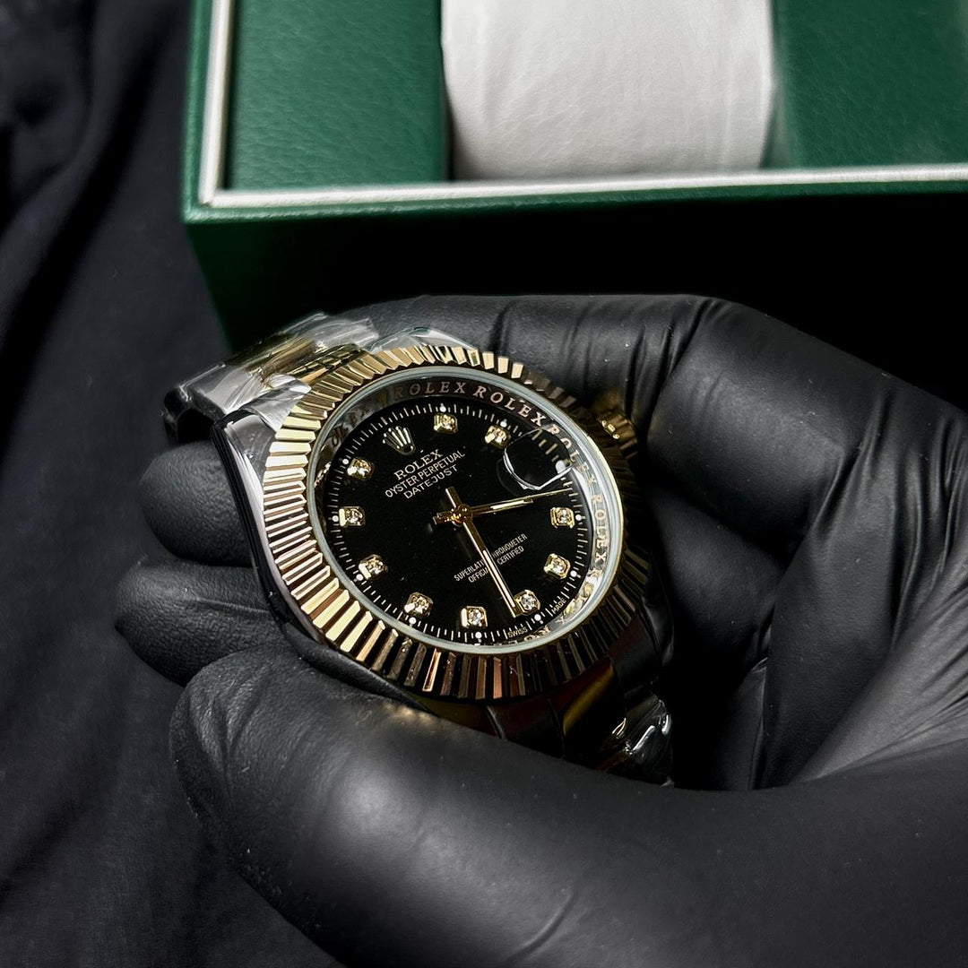 Rolex Date just Diamon Smooth Bezel For Him - Two Tone Black Dial - Giiz store