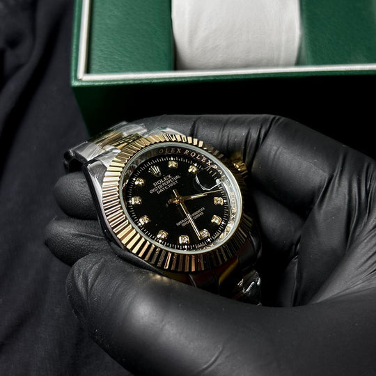Rolex Date just Diamon Smooth Bezel For Him - Two Tone Black Dial - Giiz store